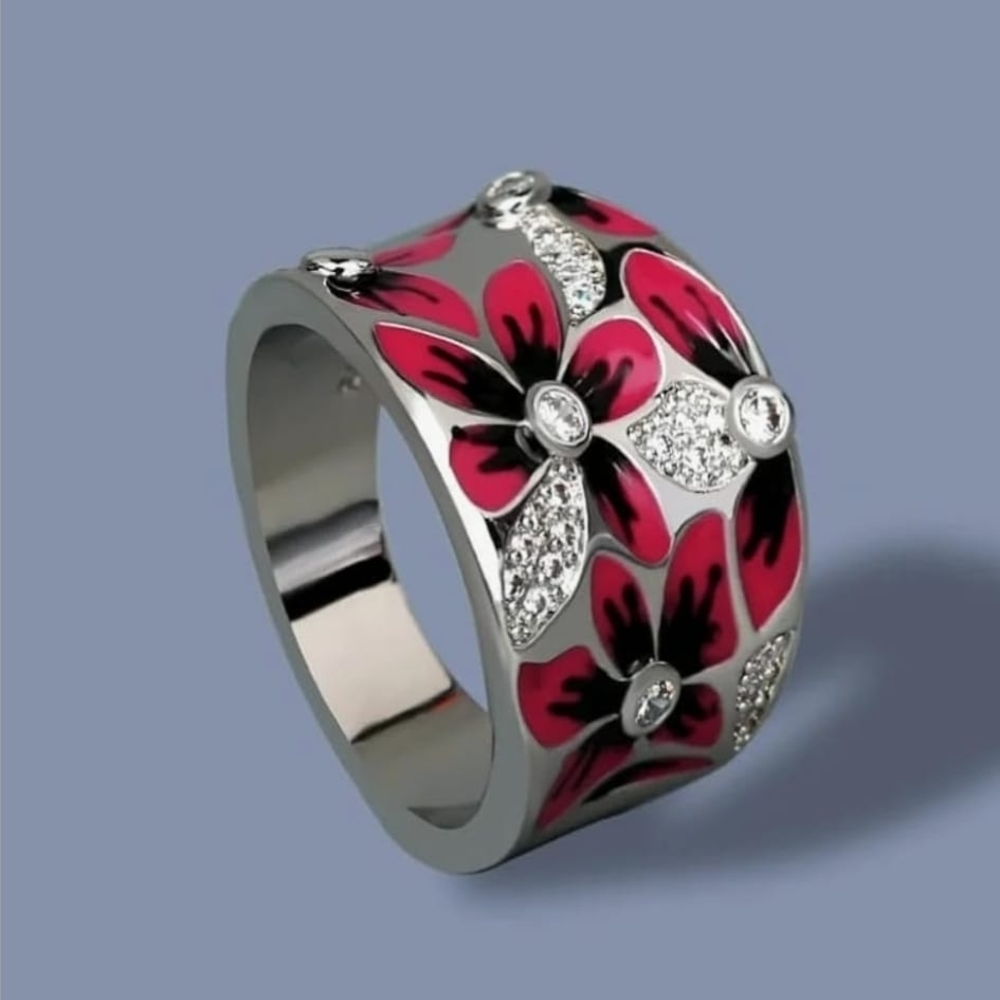 Hand Painted Enamel Cubic Zirconia Rings Bohemian Unique Colourful Enamel Statem